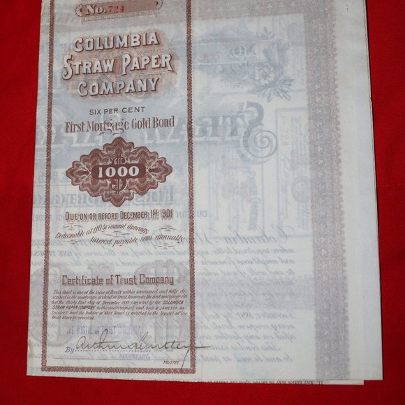 Columbia Straw Paper Company MORTGAGE GOLD BOND $1000 _ 1901 ANTIQUE - Picture 10 of 10